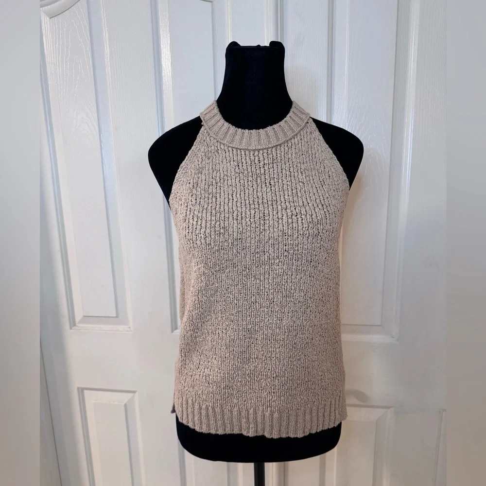 J CREW Sweater Tank Top High Neck Textured Knit Natural Tan Sz S Preppy Vacation - Picture 3 of 11